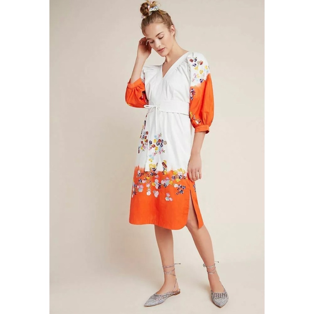 Anthropologie White and Orange Floral Midi Dress